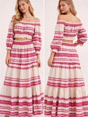 Alba Monti Pink & Cream 2 Piece Set Maxi Skirt Off Shoulder Crop Top XS Resort